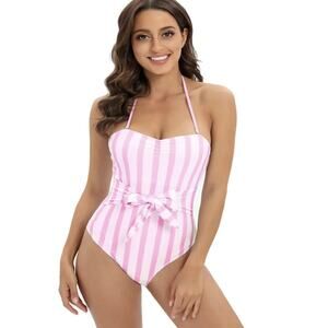 Vertical Pink Striped Knot Front Tube Top One Piece Halter Size XL